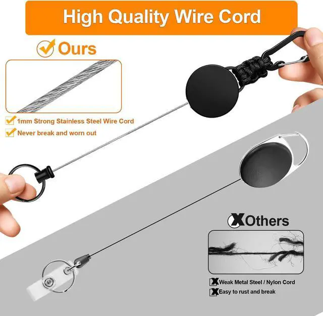 Alt view image 6 of 7 - Retractable Keychain 3 Pack Heavy Duty Carabiner Badge Holder Extendable Reel ID Badge Holders Retractable for Keys Ring with 60 cm Steel Cord and Lanyard (Black)