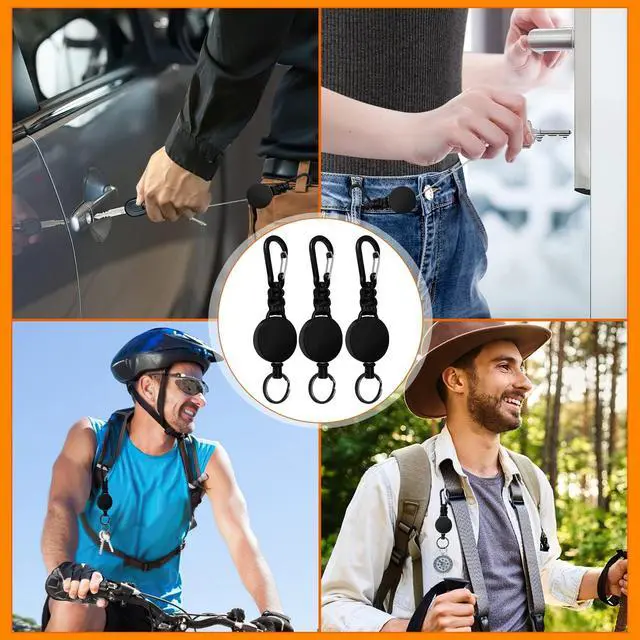 Alt view image 7 of 7 - Retractable Keychain 3 Pack Heavy Duty Carabiner Badge Holder Extendable Reel ID Badge Holders Retractable for Keys Ring with 60 cm Steel Cord and Lanyard (Black)
