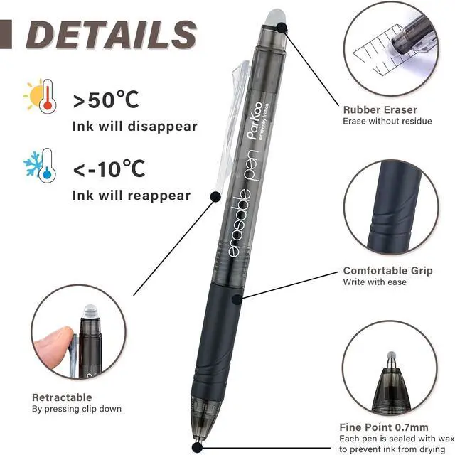Alt view image 2 of 6 - ParKoo Retractable Erasable Gel Pens Clicker Fine Point 0.7 mm, No Need for White Out, 8 Black/2 Blue/2 Red Ink for Completing Sudoku and Crossword Puzzles, 12-Pack