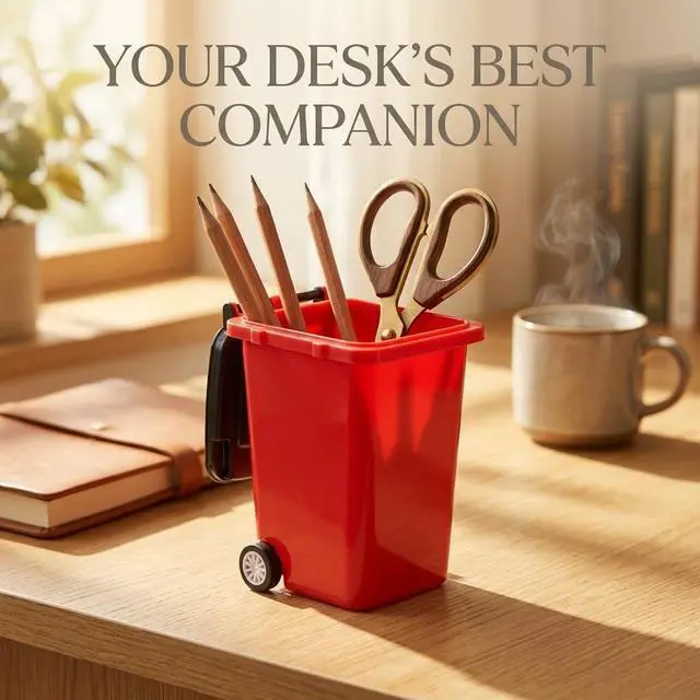 Alt view image 2 of 7 - Funny Pen Holder for Desk, Novelty Tiny Recycle Bin Pencil Holder, Storage for Pencils & Pens, Mini Trash Can for Desk Desktop Miniature Trash Can (Red)