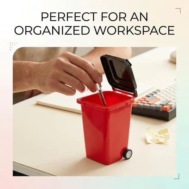 Alt view image 6 of 7 - Funny Pen Holder for Desk, Novelty Tiny Recycle Bin Pencil Holder, Storage for Pencils & Pens, Mini Trash Can for Desk Desktop Miniature Trash Can (Red)