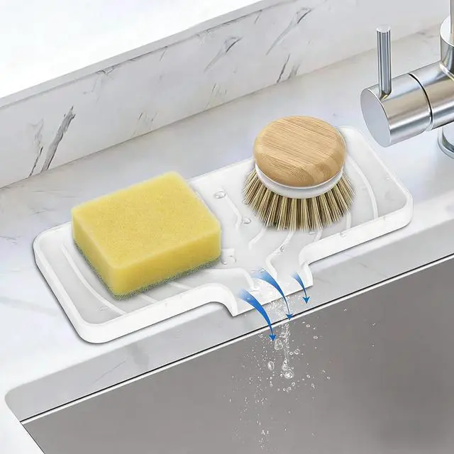 Main image of JACZZO Silicone Sponge Holder for Kitchen Sink With Drain Spout, Self Draining, Kitchen Soap Tray, Bathroom Organizer, Sink Caddy (White, 10" x 4")