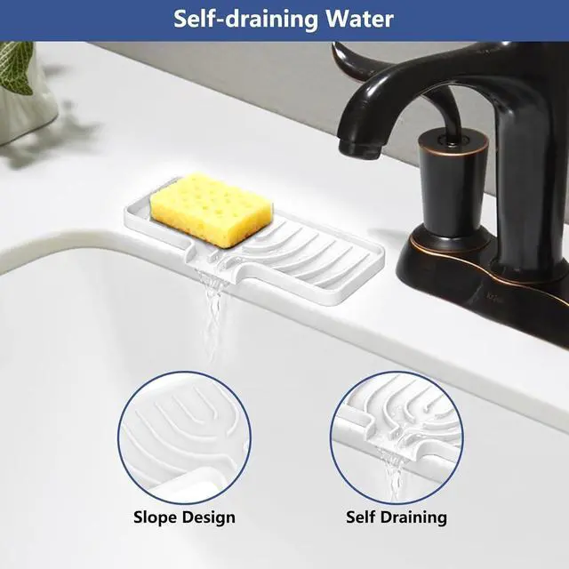 Alt view image 3 of 7 - JACZZO Silicone Sponge Holder for Kitchen Sink With Drain Spout, Self Draining, Kitchen Soap Tray, Bathroom Organizer, Sink Caddy (White, 10" x 4")