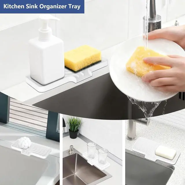 Alt view image 4 of 7 - JACZZO Silicone Sponge Holder for Kitchen Sink With Drain Spout, Self Draining, Kitchen Soap Tray, Bathroom Organizer, Sink Caddy (White, 10" x 4")