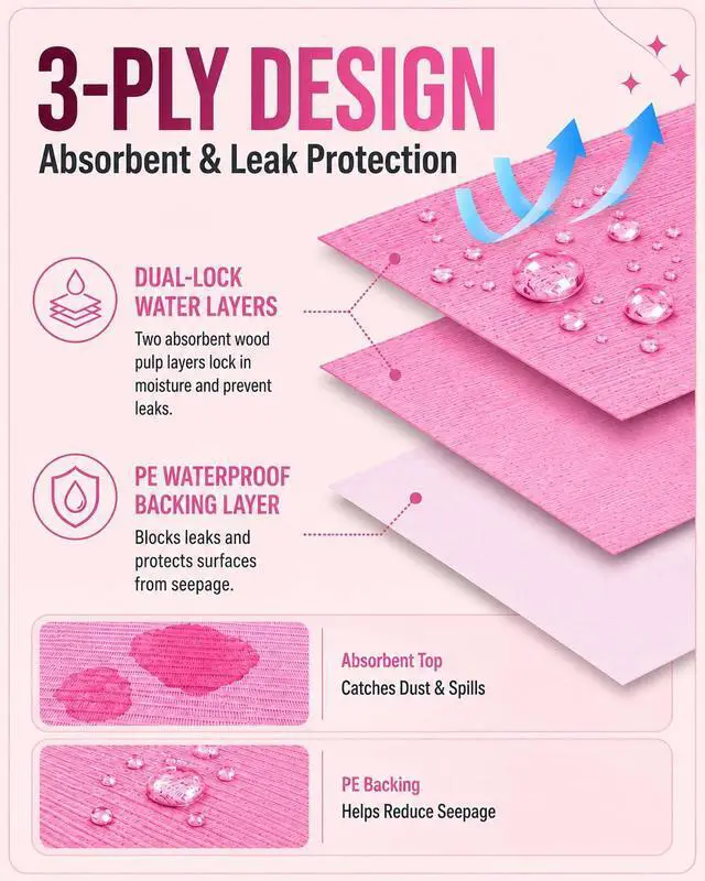 Alt view image 3 of 7 - Makartt 20 Pcs Pink Disposable Nail Mats, Waterproof | 3-Ply Absorbent Nail Mat with PE backing, Foldable for Easy Storage, Ideal for Salon, Tattoo, and Home DIY Manicure