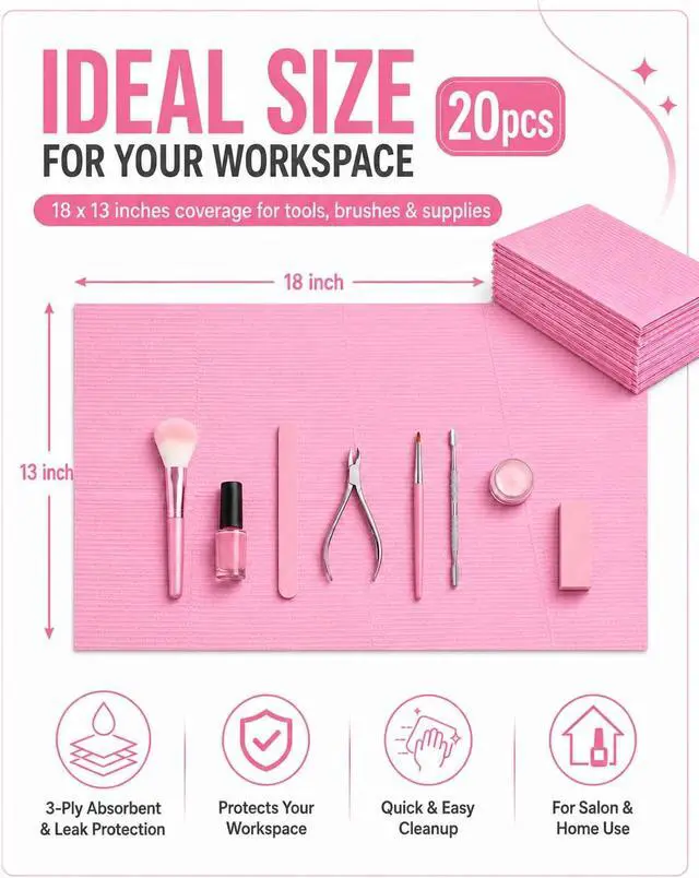 Alt view image 6 of 7 - Makartt 20 Pcs Pink Disposable Nail Mats, Waterproof | 3-Ply Absorbent Nail Mat with PE backing, Foldable for Easy Storage, Ideal for Salon, Tattoo, and Home DIY Manicure