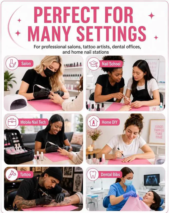 Alt view image 7 of 7 - Makartt 20 Pcs Pink Disposable Nail Mats, Waterproof | 3-Ply Absorbent Nail Mat with PE backing, Foldable for Easy Storage, Ideal for Salon, Tattoo, and Home DIY Manicure