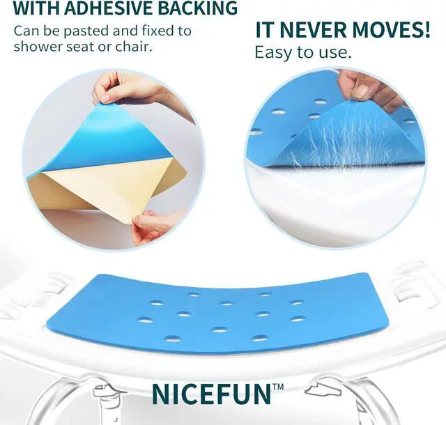 Alt view image 3 of 7 - Shower Chair Cushion with Adhesive Backing 14 x 9.5 Inches Waterproof Soft Foam Pad for Bench, Narrow Bath Chair, Bathroom Seat, Universal Fit Non Slip Stool Seat Mat Elderly, Blue (MAT149)