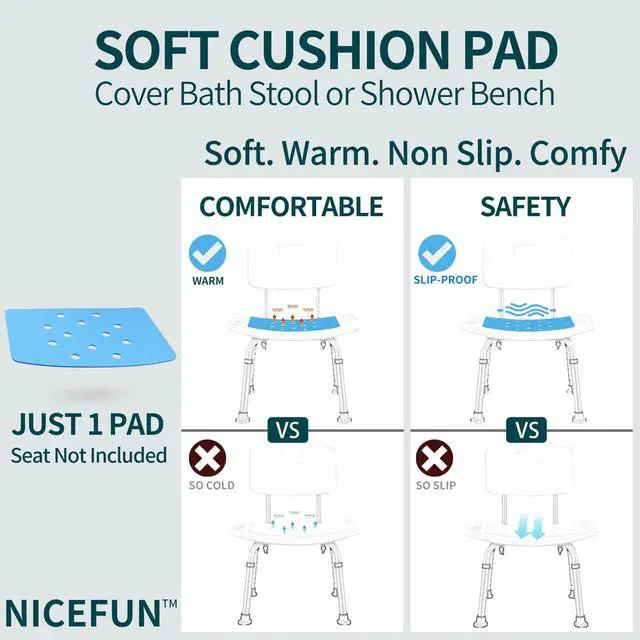 Alt view image 5 of 7 - Shower Chair Cushion with Adhesive Backing 14 x 9.5 Inches Waterproof Soft Foam Pad for Bench, Narrow Bath Chair, Bathroom Seat, Universal Fit Non Slip Stool Seat Mat Elderly, Blue (MAT149)