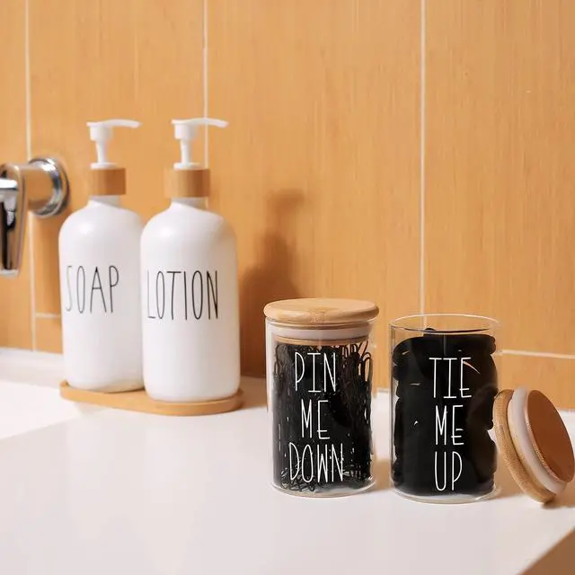 Alt view image 3 of 7 - MOMEEMO Apothecary Jars with Lids for Bathroom Storage Organizer | Hair Tie Organizer, Bobby Pin Holder, Bamboo Bathroom Accessories, Hair Ties & Pins