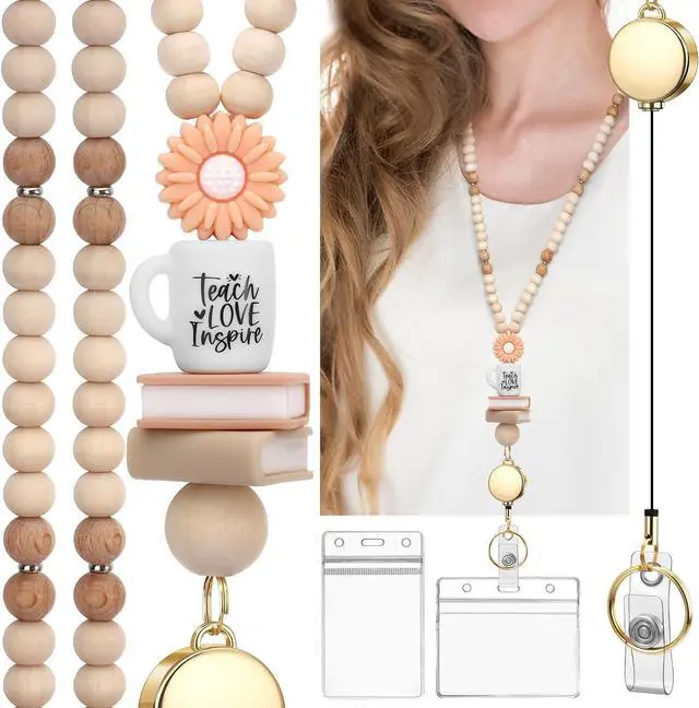 Main image of Teacher Lanyard with Id Holder, Retractable Lanyard for Id Badges Keys | Lightweight and Comfortable for All Day, Cute Natural Wooden Beaded Lanyard for Women Nurse Travel Cruise Daily