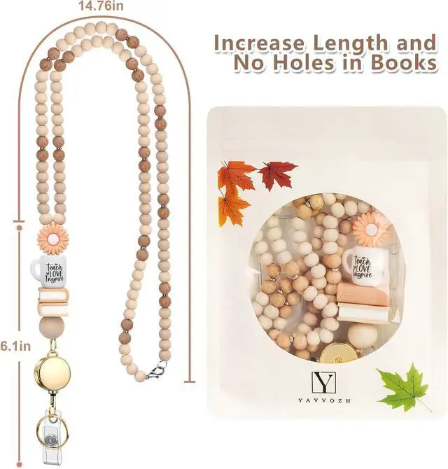 Alt view image 6 of 7 - Teacher Lanyard with Id Holder, Retractable Lanyard for Id Badges Keys | Lightweight and Comfortable for All Day, Cute Natural Wooden Beaded Lanyard for Women Nurse Travel Cruise Daily