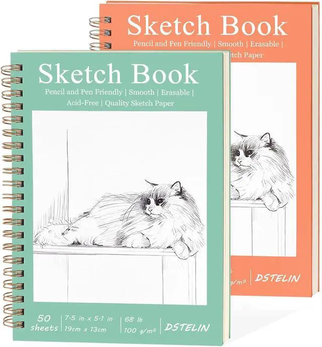 Main image of DSTELIN 7.5 x 5.1 Inch Mini Hardcover Sketchbook Set, 2-PC, Spiral Bound, 50 Acid-Free Drawing Sheets Each, Pink & Green Covers, Ideal for Beginners to Professionals
