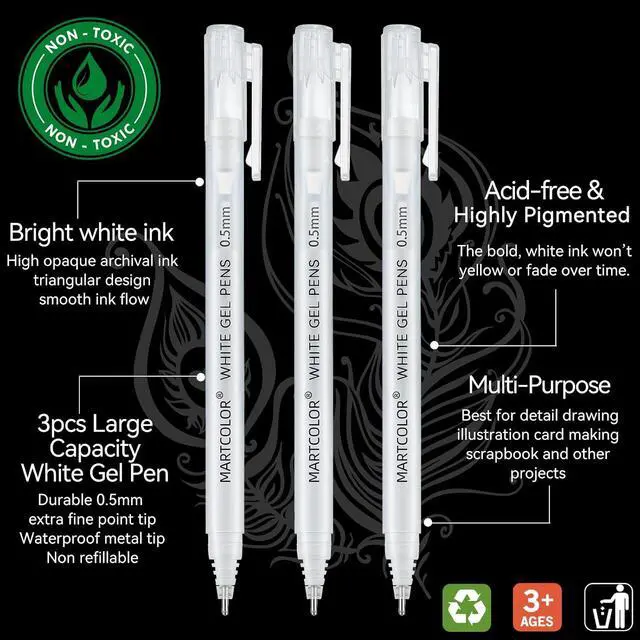 Alt view image 3 of 7 - MARTCOLOR White Gel Pens, 3 Pack 0.5mm Extra Fine Point White Gel ink Pens | Opaque Archival Ink Pen for Black Paper Drawing, Art Highlight, Illustration, Bullet Journaling, Card Making & DIY Projects