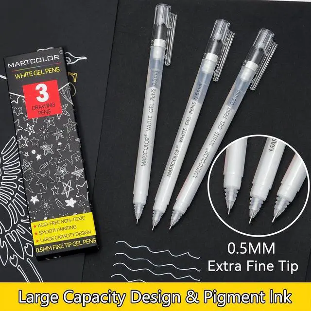 Alt view image 2 of 7 - MARTCOLOR White Gel Pens, 3 Pack 0.5mm Extra Fine Point White Gel ink Pens | Opaque Archival Ink Pen for Black Paper Drawing, Art Highlight, Illustration, Bullet Journaling, Card Making & DIY Projects