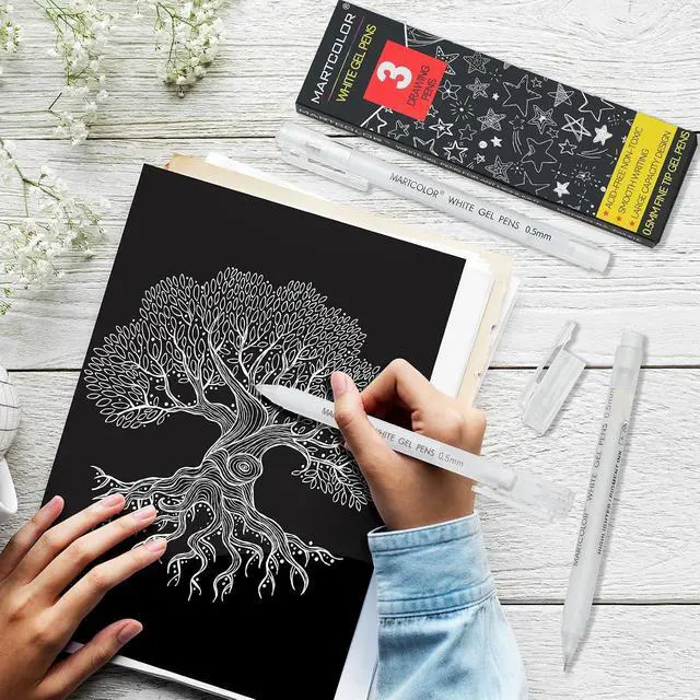 Alt view image 4 of 7 - MARTCOLOR White Gel Pens, 3 Pack 0.5mm Extra Fine Point White Gel ink Pens | Opaque Archival Ink Pen for Black Paper Drawing, Art Highlight, Illustration, Bullet Journaling, Card Making & DIY Projects