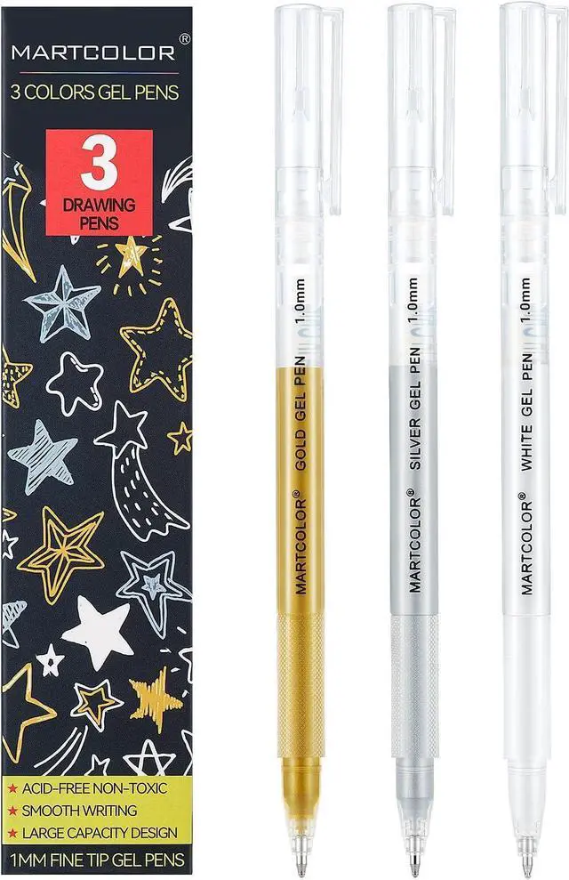 Main image of MARTCOLOR Gold Silver White Gel Pens, 3 Pack 1mm Opaque Archival Ink Pen | Fine Point Gel Ink Pens for Black Paper Drawing, Art Highlight, Illustration, Bullet Journaling, Card Making & DIY Projects