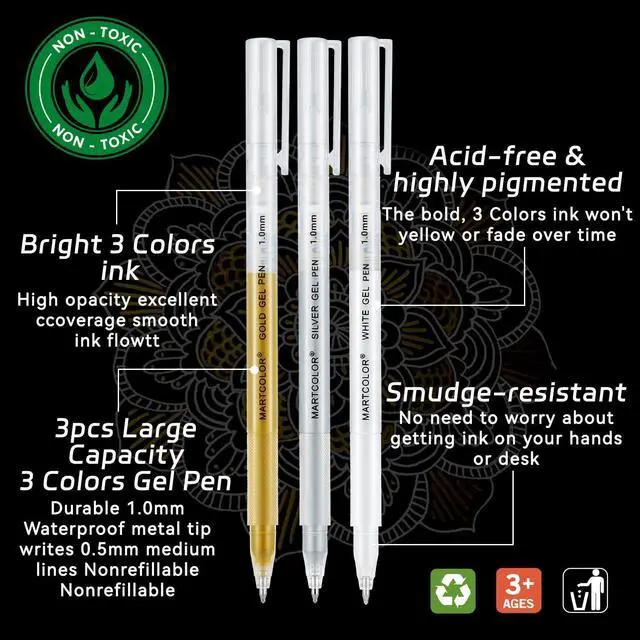Alt view image 2 of 7 - MARTCOLOR Gold Silver White Gel Pens, 3 Pack 1mm Opaque Archival Ink Pen | Fine Point Gel Ink Pens for Black Paper Drawing, Art Highlight, Illustration, Bullet Journaling, Card Making & DIY Projects