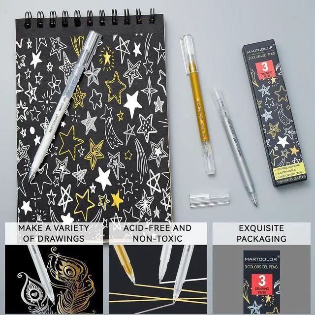 Alt view image 3 of 7 - MARTCOLOR Gold Silver White Gel Pens, 3 Pack 1mm Opaque Archival Ink Pen | Fine Point Gel Ink Pens for Black Paper Drawing, Art Highlight, Illustration, Bullet Journaling, Card Making & DIY Projects