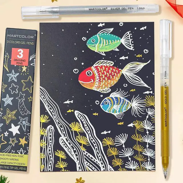 Alt view image 5 of 7 - MARTCOLOR Gold Silver White Gel Pens, 3 Pack 1mm Opaque Archival Ink Pen | Fine Point Gel Ink Pens for Black Paper Drawing, Art Highlight, Illustration, Bullet Journaling, Card Making & DIY Projects