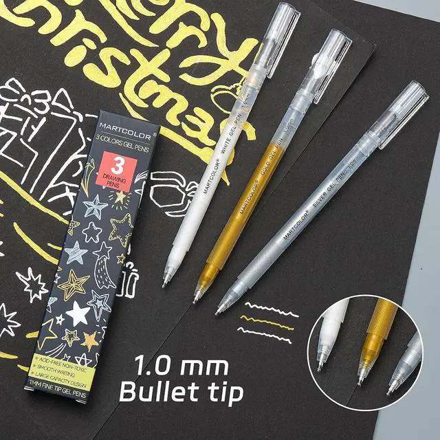 Alt view image 4 of 7 - MARTCOLOR Gold Silver White Gel Pens, 3 Pack 1mm Opaque Archival Ink Pen | Fine Point Gel Ink Pens for Black Paper Drawing, Art Highlight, Illustration, Bullet Journaling, Card Making & DIY Projects