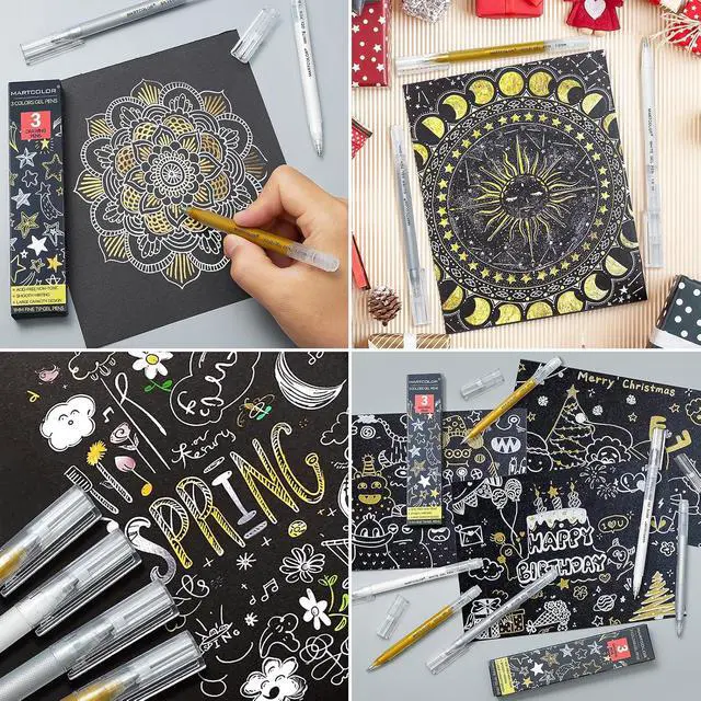 Alt view image 7 of 7 - MARTCOLOR Gold Silver White Gel Pens, 3 Pack 1mm Opaque Archival Ink Pen | Fine Point Gel Ink Pens for Black Paper Drawing, Art Highlight, Illustration, Bullet Journaling, Card Making & DIY Projects