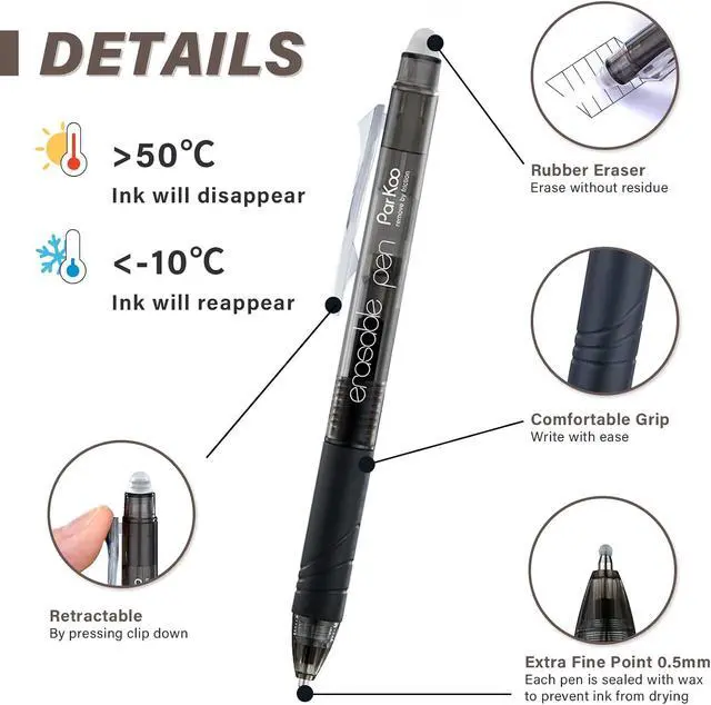 Alt view image 2 of 7 - ParKoo Retractable Erasable Gel Pens Clicker Fine Point 0.7 mm, Make Mistakes Disappear, 3 Black/3 Blue Ink Pens with 4 Bonus Refills for Drawing Writing Journaling and Crossword Puzzles