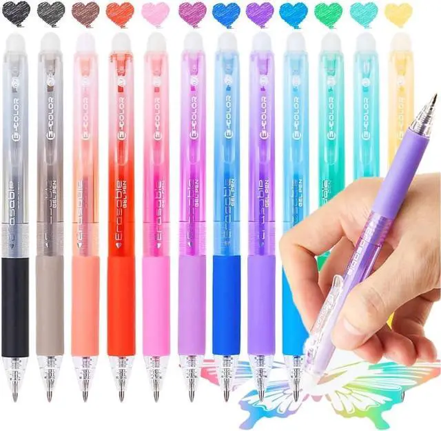 Main image of 12Pcs Multicolor Erasable Gel Pens, Fine Point 0.7 mm (12) | Clean Erasing, Retractable, Quick-Drying, Comfort Grip Writing Pens for School, Office, Exams