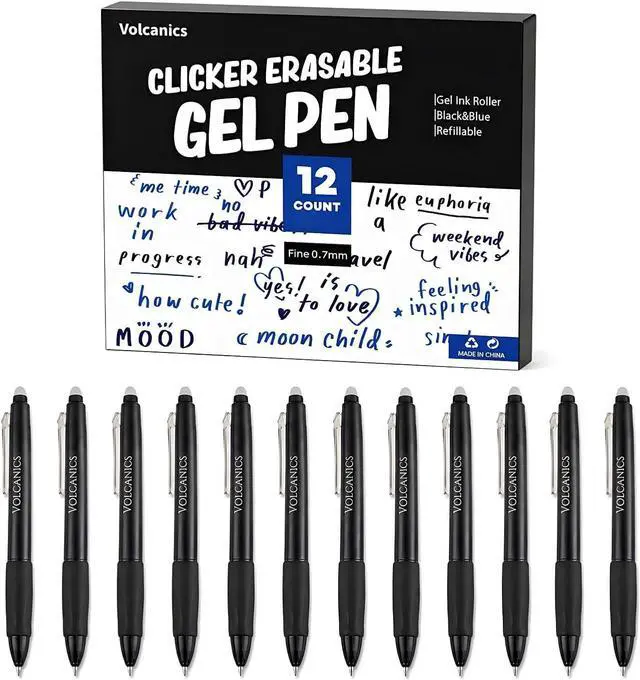 Main image of Volcanics Retractable Erasable Gel Pens, Soft Black, 0.7mm, 12 Pack | Click Erasable Gel Ink Pens With Refillable Design, Smooth Writing And Easy Erasing For School, Office Supplies And Daily Use