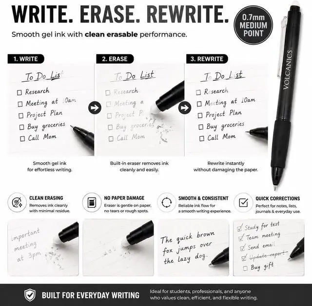 Alt view image 3 of 7 - Volcanics Retractable Erasable Gel Pens, Soft Black, 0.7mm, 12 Pack | Click Erasable Gel Ink Pens With Refillable Design, Smooth Writing And Easy Erasing For School, Office Supplies And Daily Use