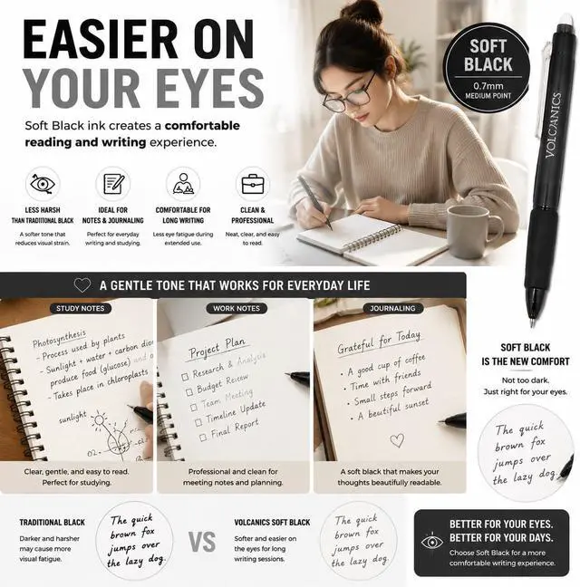 Alt view image 4 of 7 - Volcanics Retractable Erasable Gel Pens, Soft Black, 0.7mm, 12 Pack | Click Erasable Gel Ink Pens With Refillable Design, Smooth Writing And Easy Erasing For School, Office Supplies And Daily Use