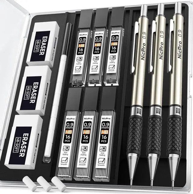 Main image of Nicpro 0.9 mm Art Mechanical Pencil Set in Storage Case, 3 PCS | Metal Drafting Pencil Lead Pencil+6 Tube HB Lead Refill, 12 Eraser, Comfort Grip For School Writing, Artist Drawing Sketching