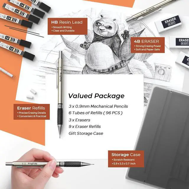 Alt view image 4 of 6 - Nicpro 0.9 mm Art Mechanical Pencil Set in Storage Case, 3 PCS | Metal Drafting Pencil Lead Pencil+6 Tube HB Lead Refill, 12 Eraser, Comfort Grip For School Writing, Artist Drawing Sketching