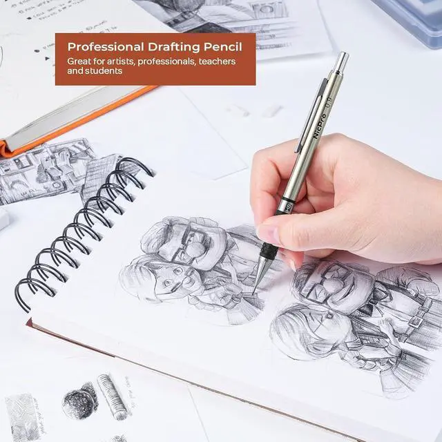 Alt view image 5 of 6 - Nicpro 0.9 mm Art Mechanical Pencil Set in Storage Case, 3 PCS | Metal Drafting Pencil Lead Pencil+6 Tube HB Lead Refill, 12 Eraser, Comfort Grip For School Writing, Artist Drawing Sketching