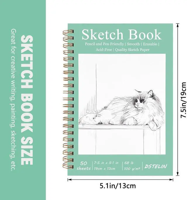 Alt view image 2 of 6 - DSTELIN 7.5 x 5.1 Inch Mini Hardcover Sketchbook Set, 2-PC, Spiral Bound, 50 Acid-Free Drawing Sheets Each, Pink & Green Covers, Ideal for Beginners to Professionals