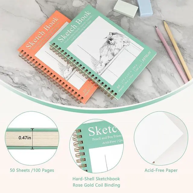 Alt view image 3 of 6 - DSTELIN 7.5 x 5.1 Inch Mini Hardcover Sketchbook Set, 2-PC, Spiral Bound, 50 Acid-Free Drawing Sheets Each, Pink & Green Covers, Ideal for Beginners to Professionals