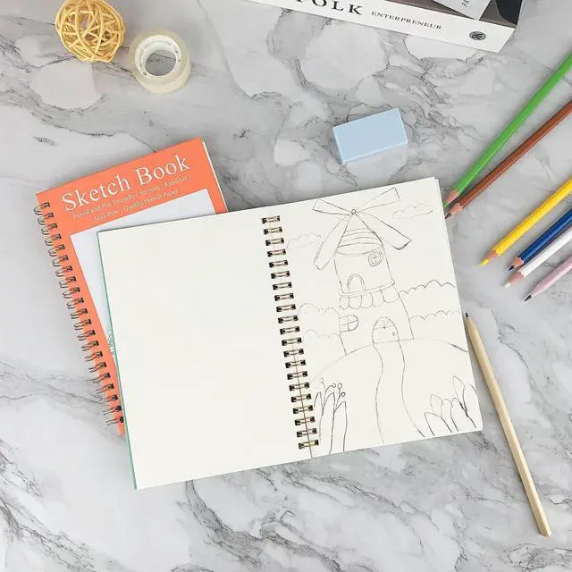 Alt view image 5 of 6 - DSTELIN 7.5 x 5.1 Inch Mini Hardcover Sketchbook Set, 2-PC, Spiral Bound, 50 Acid-Free Drawing Sheets Each, Pink & Green Covers, Ideal for Beginners to Professionals