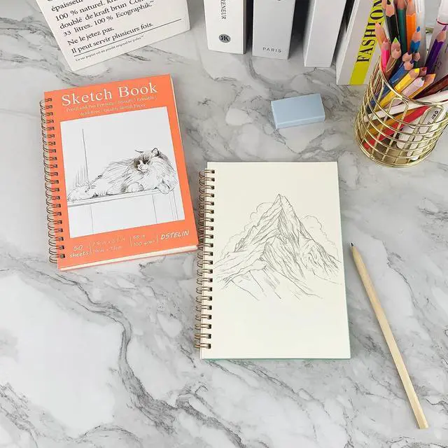 Alt view image 6 of 6 - DSTELIN 7.5 x 5.1 Inch Mini Hardcover Sketchbook Set, 2-PC, Spiral Bound, 50 Acid-Free Drawing Sheets Each, Pink & Green Covers, Ideal for Beginners to Professionals