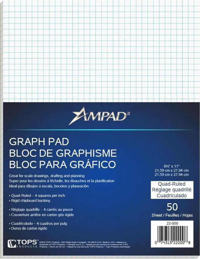 Main image of Ampad Quadrille Graph Paper Pad, 4x4 Quad Ruled, 8.5 x 11, 1 Pad | Printed both sides in blue on 20 lb white paper, glue top, rigid 28-pt chipboard back. 50 sheets, made in the USA.
