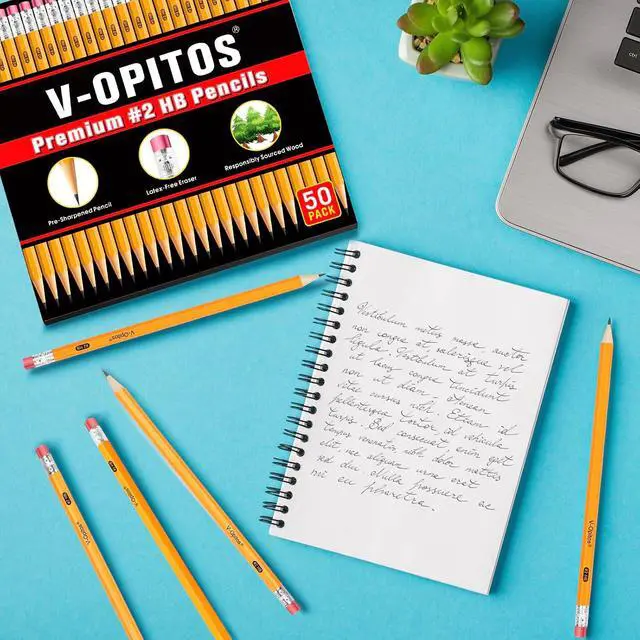 Alt view image 2 of 7 - V-Opitos Wood-Cased #2 HB Pencils, 50 Pack Bulk Yellow Pencils with Erasers, Pre-Sharpened, School Classroom Teacher Supplies for Writing, Drawing and Sketching
