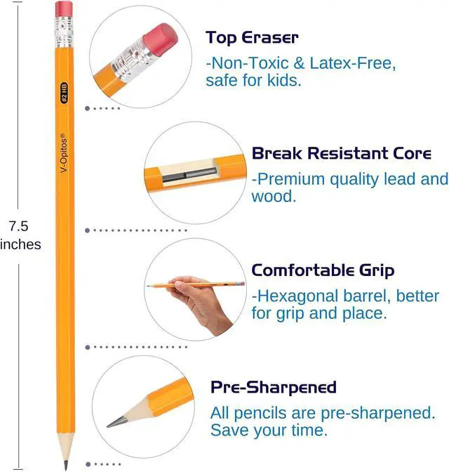 Alt view image 3 of 7 - V-Opitos Wood-Cased #2 HB Pencils, 50 Pack Bulk Yellow Pencils with Erasers, Pre-Sharpened, School Classroom Teacher Supplies for Writing, Drawing and Sketching