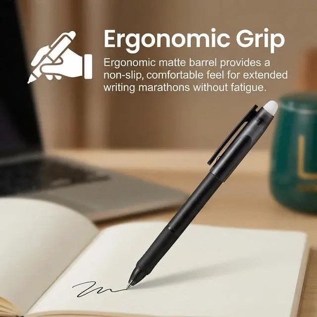 Alt view image 3 of 7 - VILMA Erasable Gel Pens Soft Black, 12 Pack, 0.7mm Fine Point, Heat Erasable Gel Ink Pens, Capped Design, Smooth Writing for Home & Office