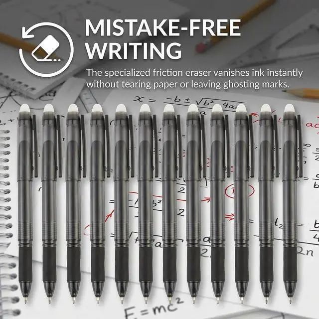 Alt view image 4 of 7 - VILMA Erasable Gel Pens Soft Black, 12 Pack, 0.7mm Fine Point, Heat Erasable Gel Ink Pens, Capped Design, Smooth Writing for Home & Office