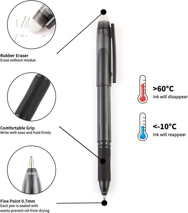 Alt view image 6 of 7 - VILMA Erasable Gel Pens Soft Black, 12 Pack, 0.7mm Fine Point, Heat Erasable Gel Ink Pens, Capped Design, Smooth Writing for Home & Office