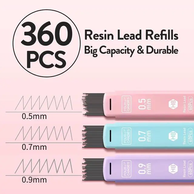 Alt view image 2 of 7 - Four Candies Pastel Mechanical Pencil Set with Case, 6-Pack | 0.5/0.7/0.9mm, 360 Leads, 3 Erasers, 9 Eraser Refills, Back to School Supplies for Girls, Cute Aesthetic Stationery