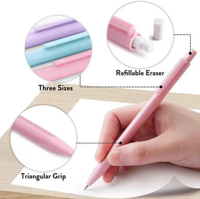 Alt view image 5 of 7 - Four Candies Pastel Mechanical Pencil Set with Case, 6-Pack | 0.5/0.7/0.9mm, 360 Leads, 3 Erasers, 9 Eraser Refills, Back to School Supplies for Girls, Cute Aesthetic Stationery
