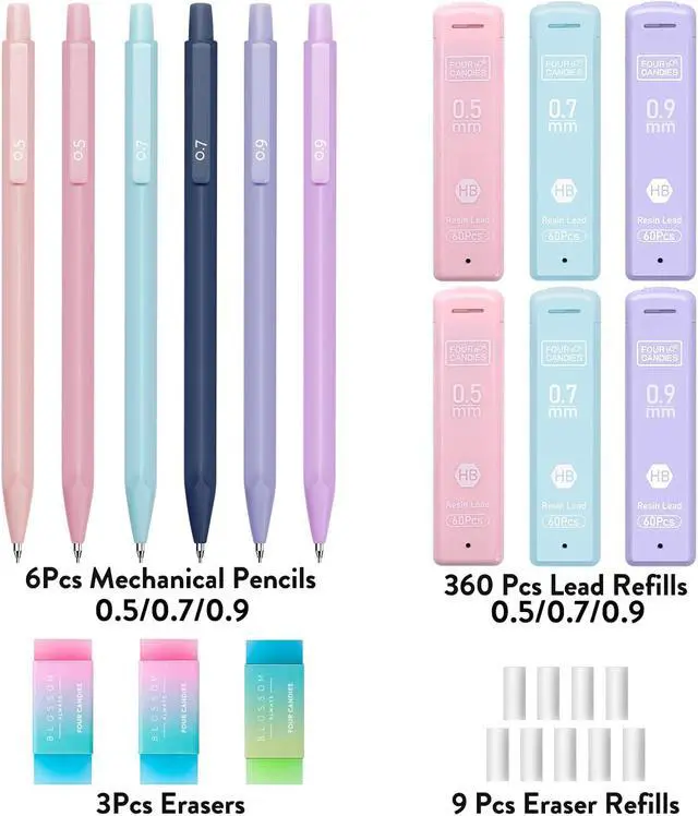 Alt view image 6 of 7 - Four Candies Pastel Mechanical Pencil Set with Case, 6-Pack | 0.5/0.7/0.9mm, 360 Leads, 3 Erasers, 9 Eraser Refills, Back to School Supplies for Girls, Cute Aesthetic Stationery