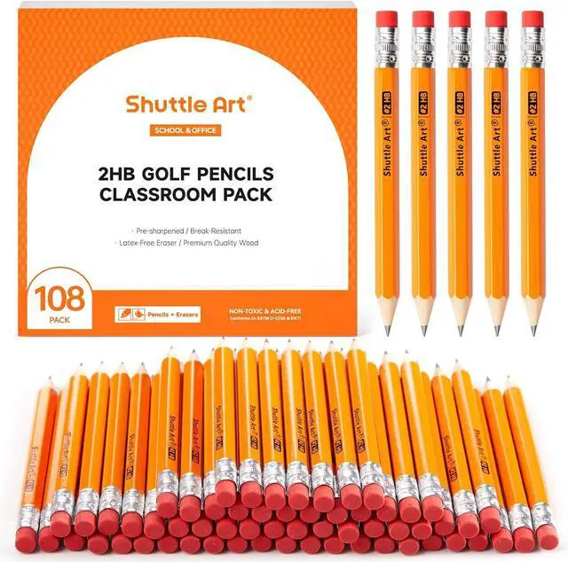 Main image of Shuttle Art 108 Pack Golf Pencils With Erasers, #2 HB Pencils Bulk, 3.5 Mini Pencil, Pre-Sharpened Small Pencil for Kids Teachers Classroom Games, Back to School Supplies