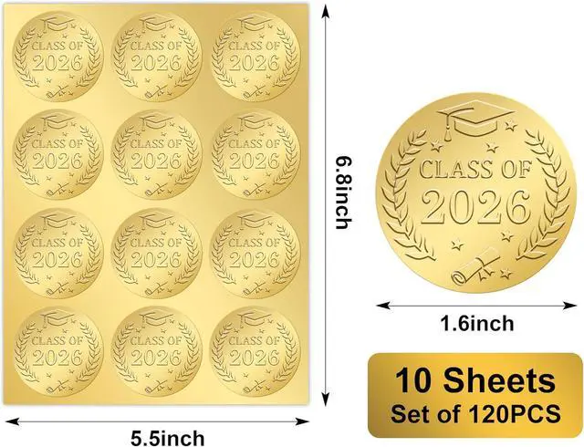 Alt view image 2 of 7 - 120Pcs Embossed Graduation Stickers, 1.6 Inch Gold Foil Round Self Adhesive Class of 2026 Stickers Label for Cards Envelope Seals Gift Bags