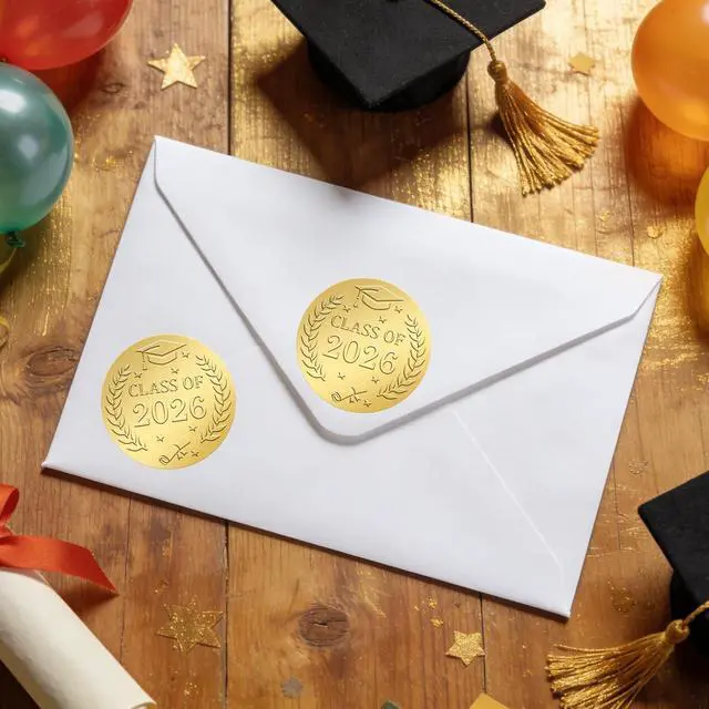 Alt view image 4 of 7 - 120Pcs Embossed Graduation Stickers, 1.6 Inch Gold Foil Round Self Adhesive Class of 2026 Stickers Label for Cards Envelope Seals Gift Bags